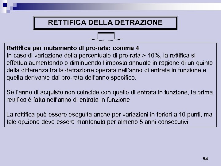 RETTIFICA DELLA DETRAZIONE Rettifica per mutamento di pro-rata: comma 4 In caso di variazione