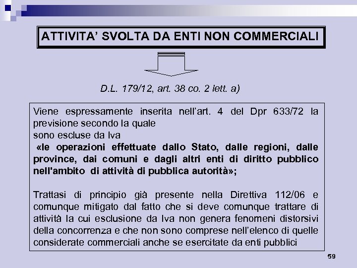 ATTIVITA’ SVOLTA DA ENTI NON COMMERCIALI D. L. 179/12, art. 38 co. 2 lett.