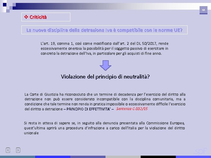 68 v Criticità La nuova disciplina della detrazione Iva è compatibile con le norme