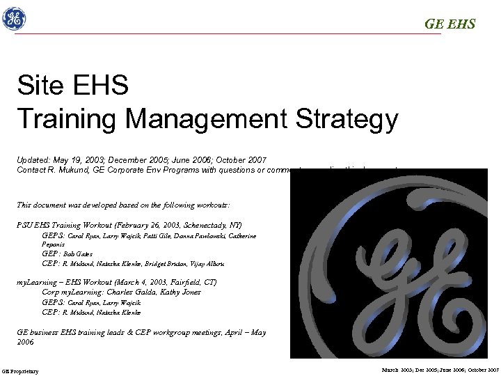 GE EHS Site EHS Training Management Strategy Updated: May 19, 2003; December 2005; June