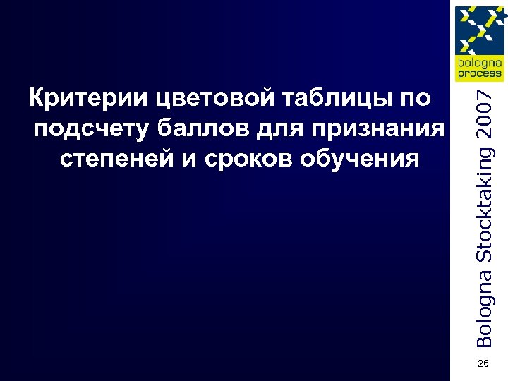 Bologna Stocktaking 2007 Критерии цветовой таблицы по подсчету баллов для признания степеней и сроков