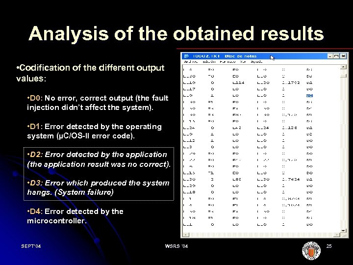 Analysis of the obtained results • Codification of the different output values: • D