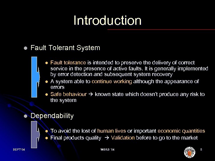 Introduction l Fault Tolerant System l l Dependability l l SEPT’ 04 Fault tolerance