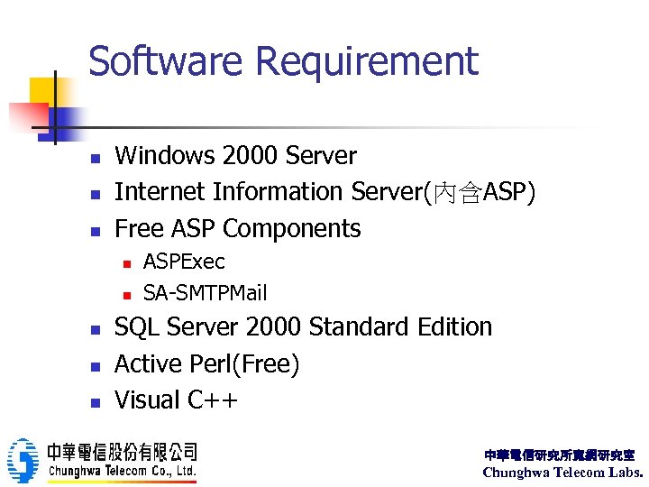Software Requirement n n n Windows 2000 Server Internet Information Server(內含ASP) Free ASP Components