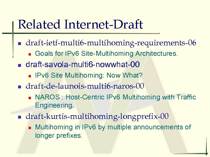 Related Internet-Draft n draft-ietf-multi 6 -multihoming-requirements-06 n n draft-savola-multi 6 -nowwhat-00 n n IPv