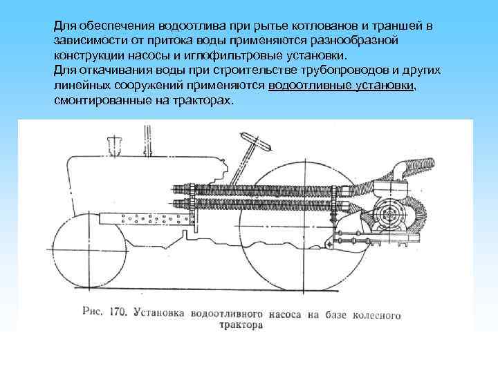 Для обеспечения водоотлива при рытье котлованов и траншей в зависимости от притока воды применяются