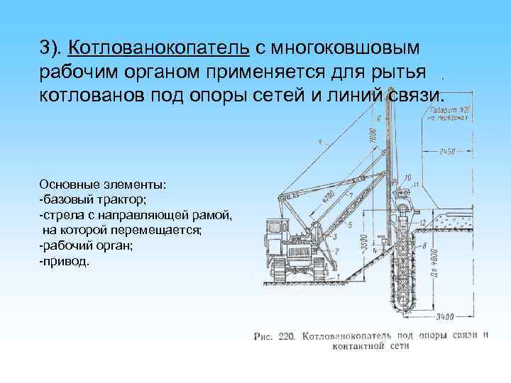 3). Котлованокопатель с многоковшовым рабочим органом применяется для рытья котлованов под опоры сетей и