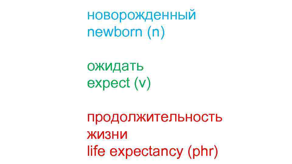 новорожденный newborn (n) ожидать expect (v) продолжительность жизни life expectancy (phr) 