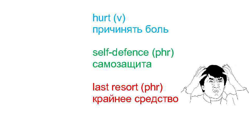 hurt (v) причинять боль self-defence (phr) самозащита last resort (phr) крайнее средство 
