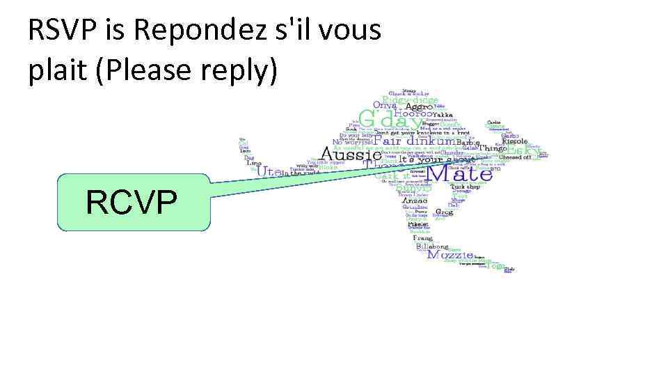 RSVP is Repondez s'il vous plait (Please reply) RCVP 
