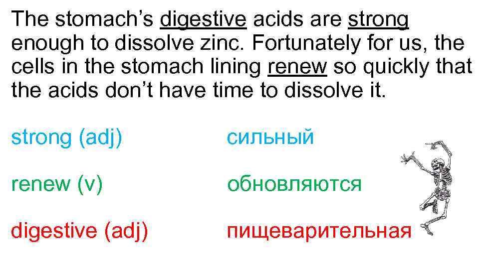 The stomach’s digestive acids are strong enough to dissolve zinc. Fortunately for us, the