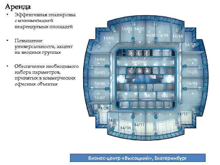  • Эффективная планировка с минимизацией неарендуемых площадей • Повышение универсальности, акцент на входных