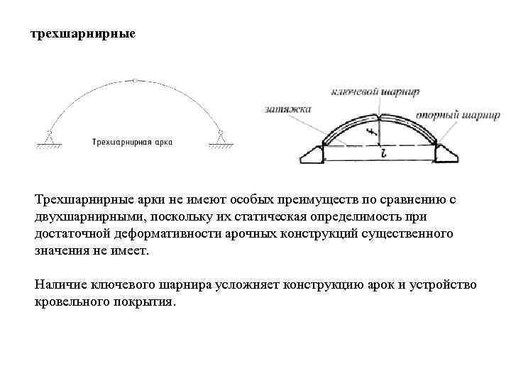 трехшарнирные Трехшарнирные арки не имеют особых преимуществ по сравнению с двухшарнирными, поскольку их статическая