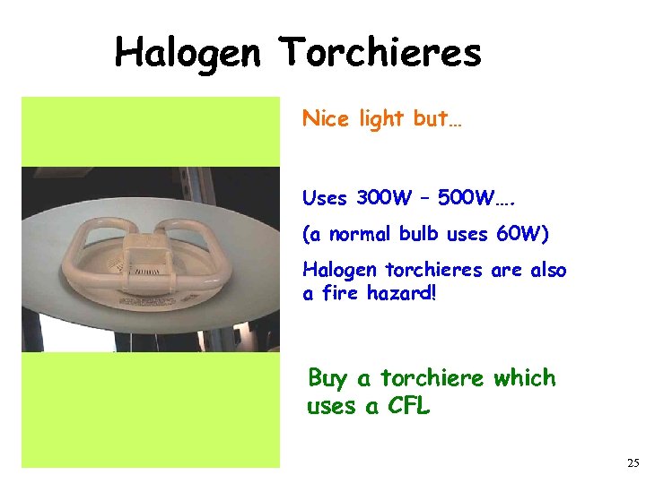 Halogen Torchieres Energy Hog! Nice light but… Uses 300 W – 500 W…. (a