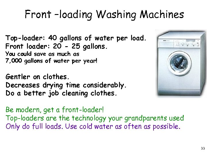 Front –loading Washing Machines Top-loader: 40 gallons of water per load. Front loader: 20