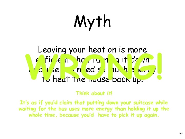 Myth WRONG! Leaving your heat on is more efficient than turning it down because