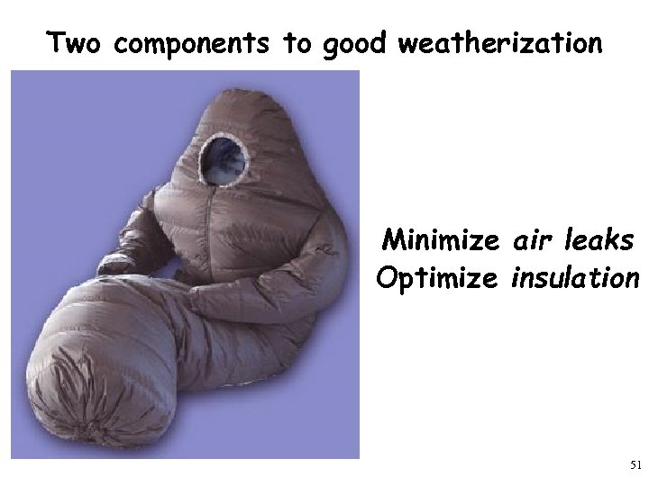 Two components to good weatherization Minimize air leaks Optimize insulation 51 