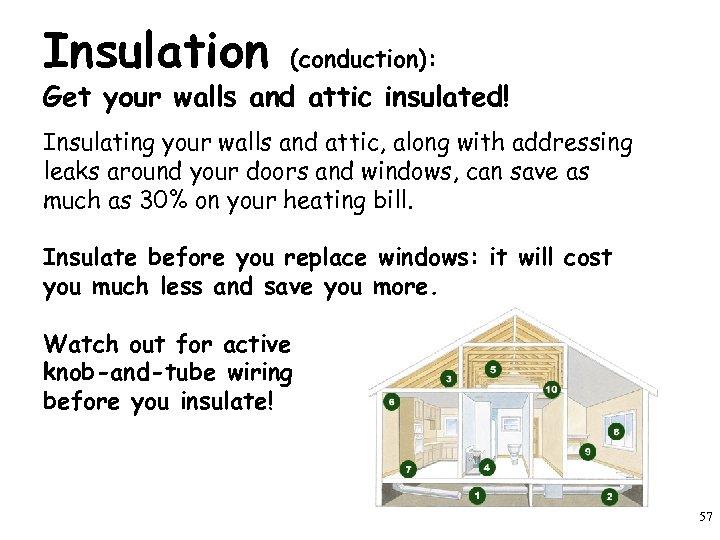 Insulation (conduction): Get your walls and attic insulated! Insulating your walls and attic, along