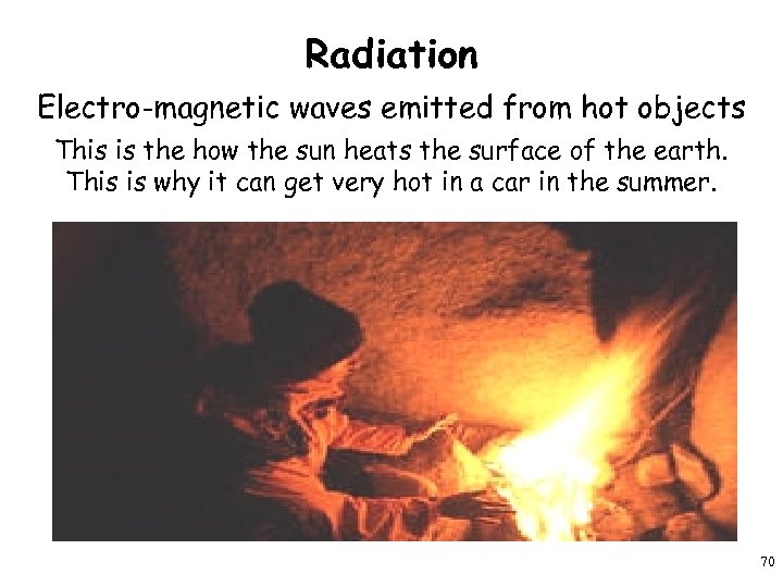 Radiation Electro-magnetic waves emitted from hot objects This is the how the sun heats