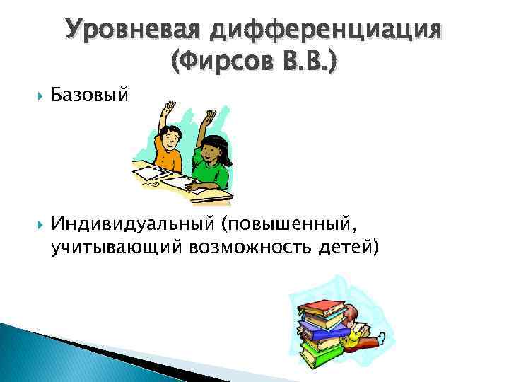 Уровневая дифференциация (Фирсов В. В. ) Базовый Индивидуальный (повышенный, учитывающий возможность детей) 