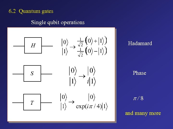 6. 2 Quantum gates Single qubit operations H Hadamard S Phase T p/8 and