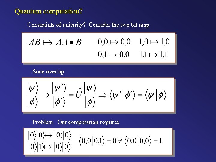 Quantum computation? Constraints of unitarity? Consider the two bit map State overlap Problem. Our