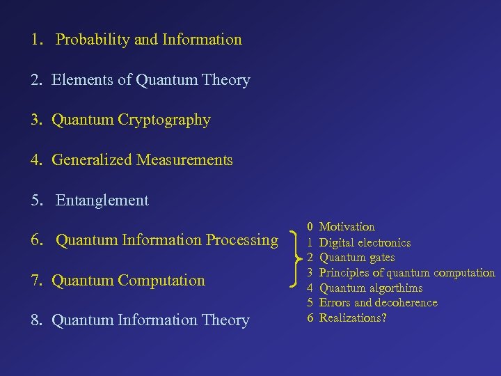 1. Probability and Information 2. Elements of Quantum Theory 3. Quantum Cryptography 4. Generalized