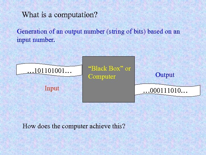 What is a computation? Generation of an output number (string of bits) based on