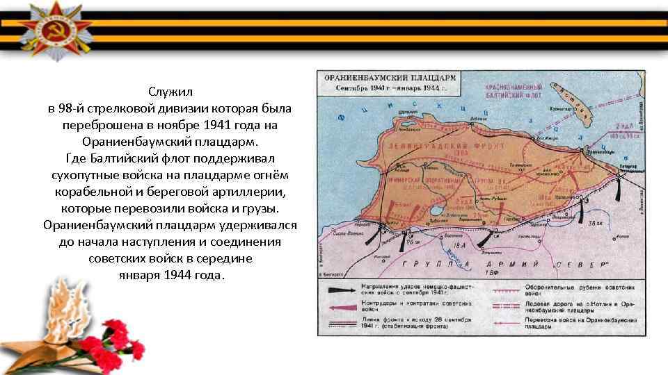 Служил в 98 -й стрелковой дивизии которая была переброшена в ноябре 1941 года на