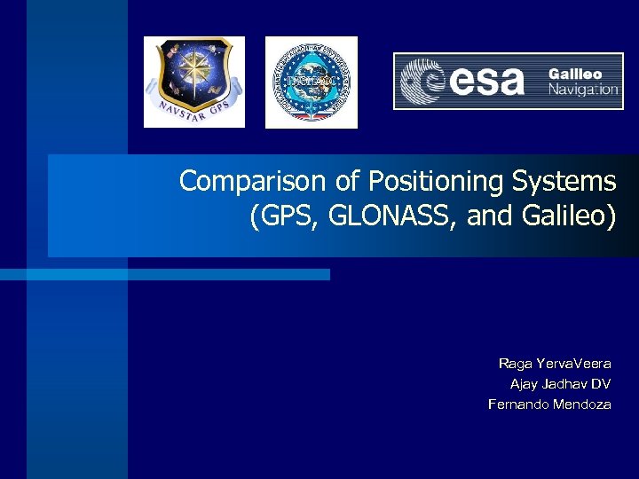 Comparison of Positioning Systems (GPS, GLONASS, and Galileo) Raga Yerva. Veera Ajay Jadhav DV