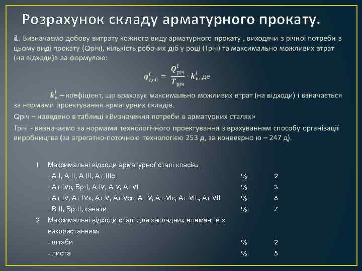 Розрахунок складу арматурного прокату. • 1 Максимальні відходи арматурної сталі класів: - А-І, А-ІІІ,