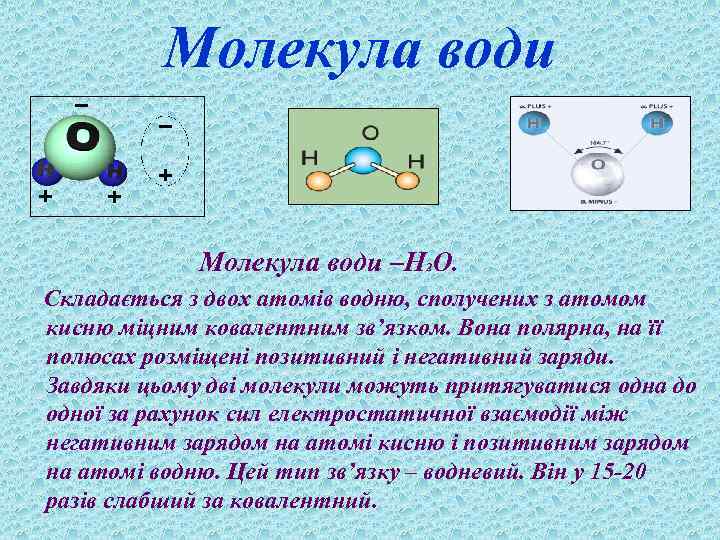 Молекула води Молекула води –Н 2 О. Складається з двох атомів водню, сполучених з