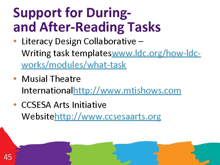 Support for Duringand After-Reading Tasks • Literacy Design Collaborative – Writing task templateswww. ldc.