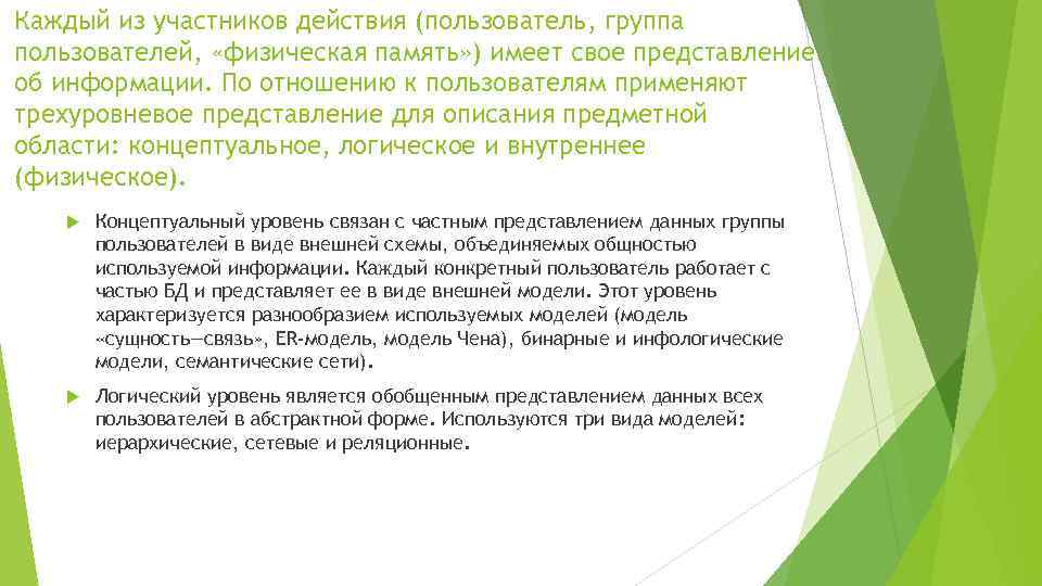 Каждый из участников действия (пользователь, группа пользователей, «физическая память» ) имеет свое представление об