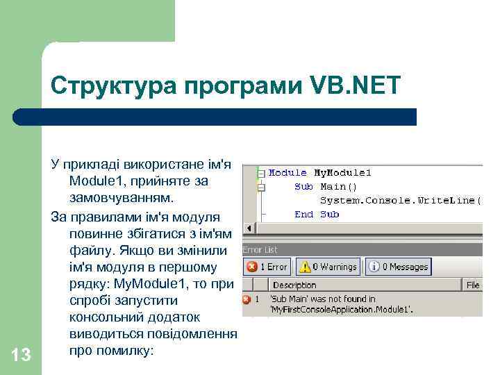 Структура програми VB. NET 13 У прикладі використане ім'я Module 1, прийняте за замовчуванням.