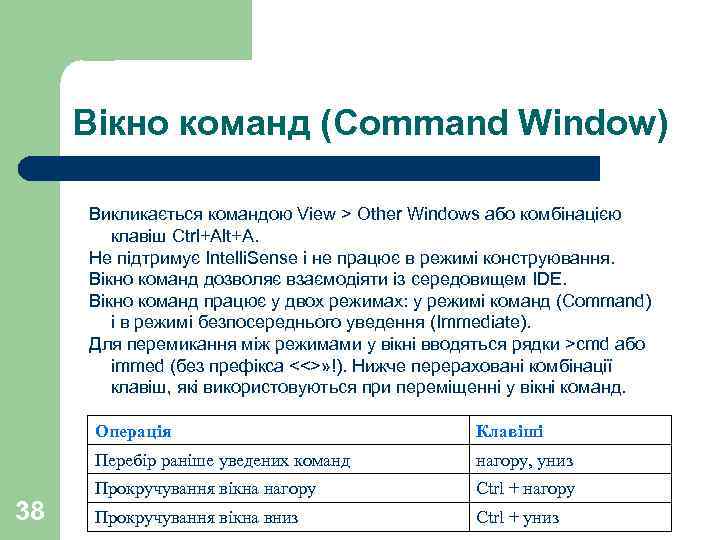 Вікно команд (Command Window) Викликається командою View > Other Windows або комбінацією клавіш Ctrl+Alt+A.
