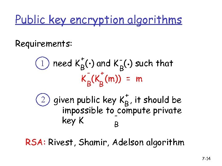 Public key encryption algorithms Requirements: 1 2 . . + need K B( )