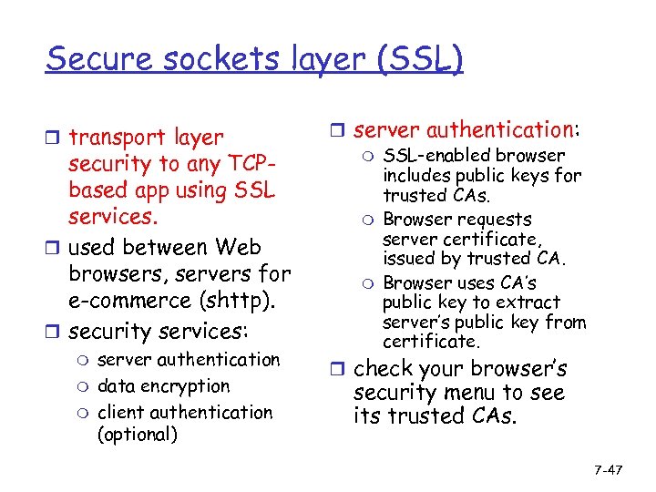 Secure sockets layer (SSL) r transport layer security to any TCPbased app using SSL