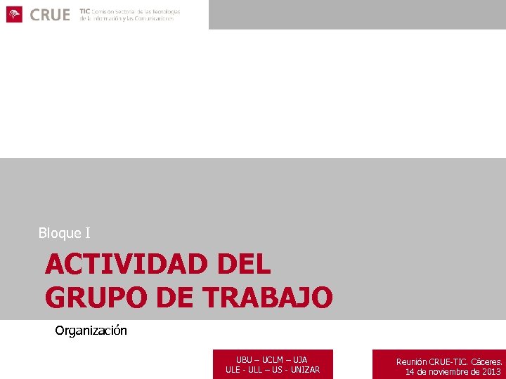 Bloque I ACTIVIDAD DEL GRUPO DE TRABAJO Organización – UJA UBU – UCLM ULE
