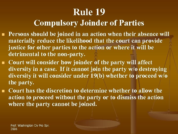 Rule 19 Compulsory Joinder of Parties n n n Persons should be joined in