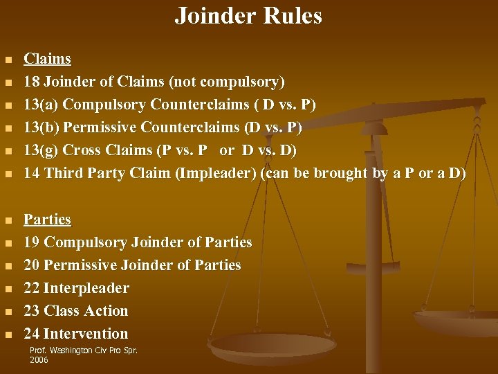 Joinder Rules n n n Claims 18 Joinder of Claims (not compulsory) 13(a) Compulsory