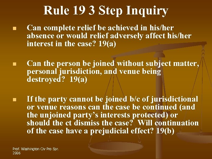 Rule 19 3 Step Inquiry n Can complete relief be achieved in his/her absence