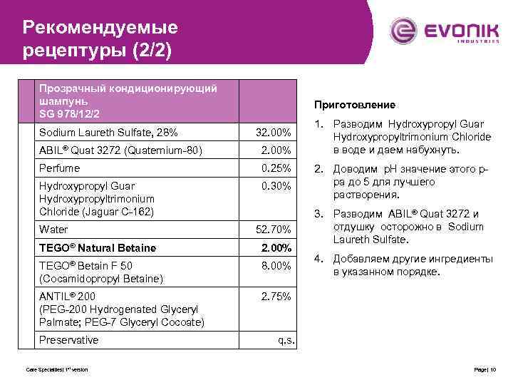 Рекомендуемые рецептуры (2/2) Прозрачный кондиционирующий шампунь SG 978/12/2 Sodium Laureth Sulfate, 28% Приготовление 32.