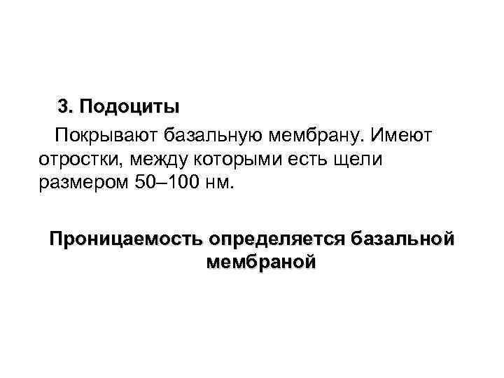 3. Подоциты Покрывают базальную мембрану. Имеют отростки, между которыми есть щели размером 50– 100