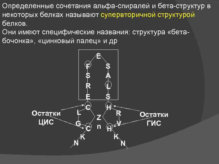 Определенные сочетания альфа-спиралей и бета-структур в некоторых белках называют супервторичной структурой белков. Они имеют