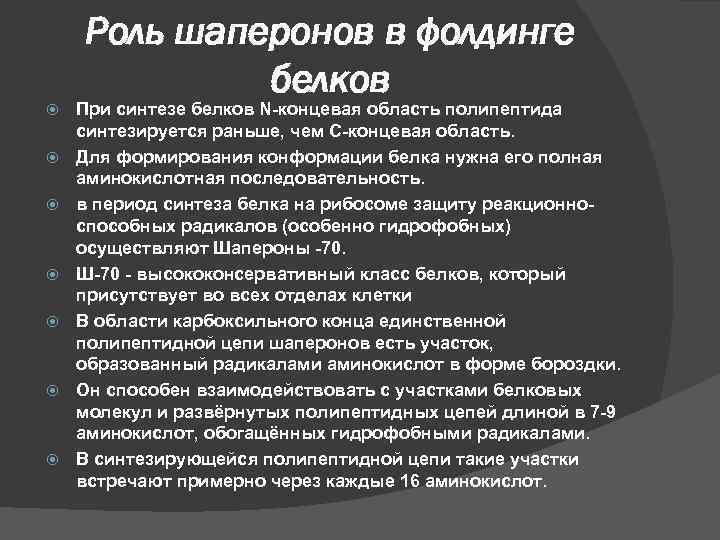 Роль шаперонов в фолдинге белков При синтезе белков N-концевая область полипептида синтезируется раньше, чем