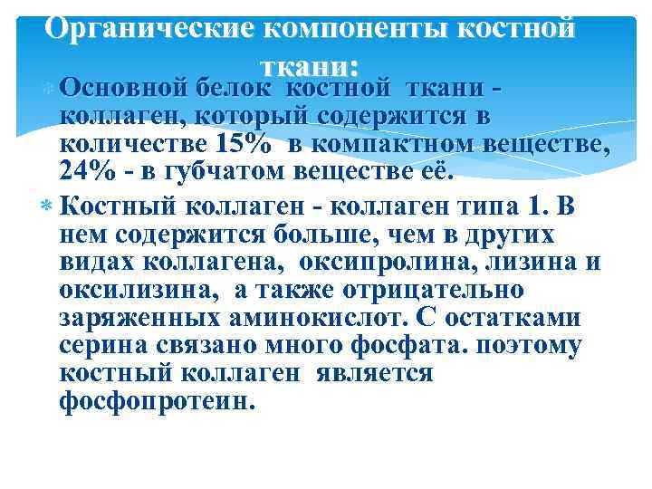 Органические компоненты костной ткани: Основной белок костной ткани коллаген, который содержится в количестве 15%