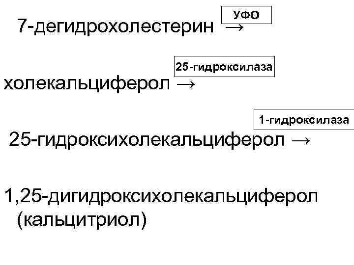 УФО 7 -дегидрохолестерин → 25 -гидроксилаза холекальциферол → 1 -гидроксилаза 25 -гидроксихолекальциферол → 1,