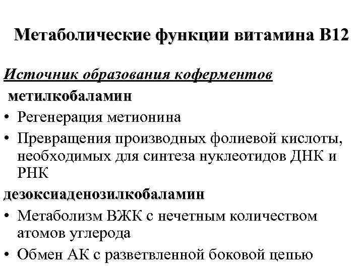 Метаболические функции витамина В 12 Источник образования коферментов метилкобаламин • Регенерация метионина • Превращения