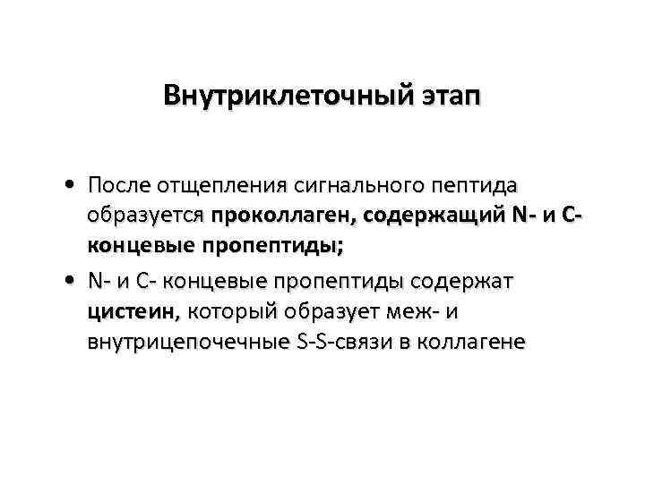 Внутриклеточный этап • После отщепления сигнального пептида образуется проколлаген, содержащий N- и Сконцевые пропептиды;